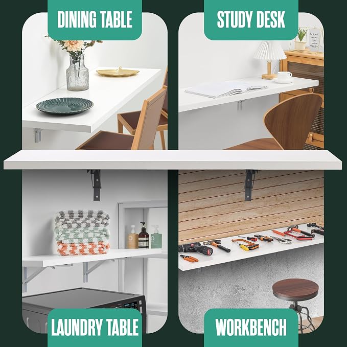 Houseables Wall Mounted Desk, Murphy Desk, Wall Mounted Folding Table, Laundry Folding Table, Fold Down Work Bench, Foldable Mount Station, Floating Bar, Hanging, Dining, Kitchen, Clothes, 48x16 White