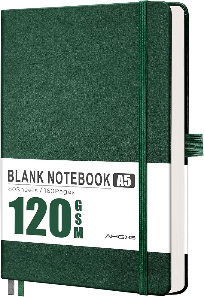 AHGXG Blank Journal Notebook, 160 Pages, A5 Medium Size (5.7'' x 8.3''), 120 GSM Thick Paper, Leather Hardcover, for Sketching, Drawing, Painting (Dark Green)