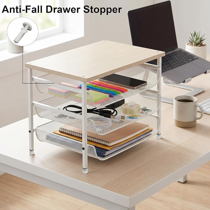 4-Tier Mesh Desk Organizer with Drawer Wooden Top Desktop Organizers File Holder Letter Tray Supplies Paper Organizer Home Office Accessories White
