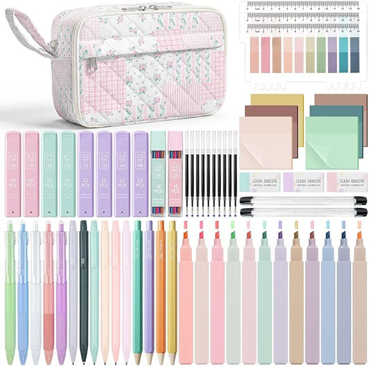 WOBAGMEN 62PCS Aesthetic School Supplies with Quilted Pencil Case, Pastel Highlighters, Gel Pens Mechanical Pencils Set, Cute Back to School Supplies, College Essentials (Pink Floral Patchwork, M)