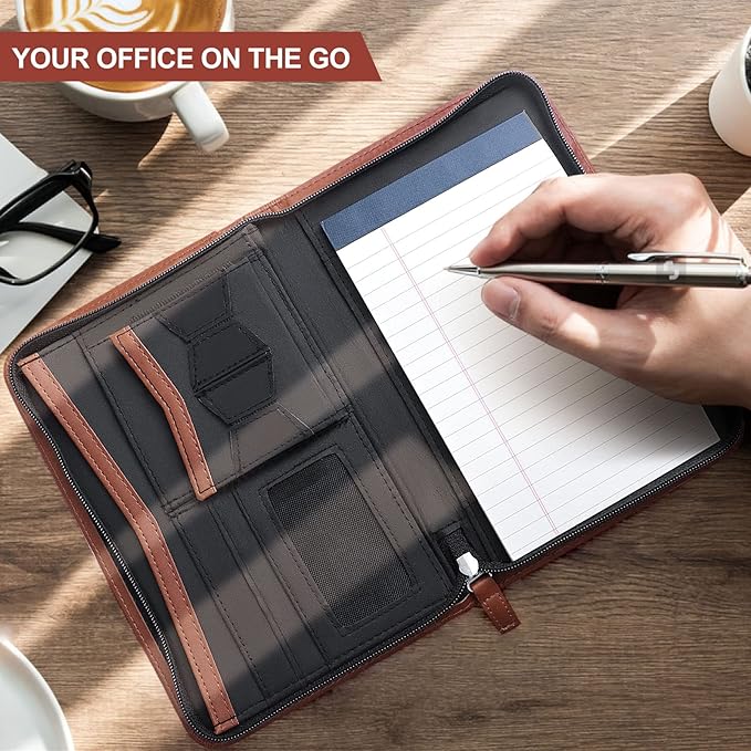 Padfolio/Portfolio, Leather Zippered Padfolio Portfolio Binder 5 x 8 Legal Writing Pad, Professional Business Portfolio for Men & Women, Card Holder, Notepad Clipboard Holder (Brown-9.5 * 6.5)