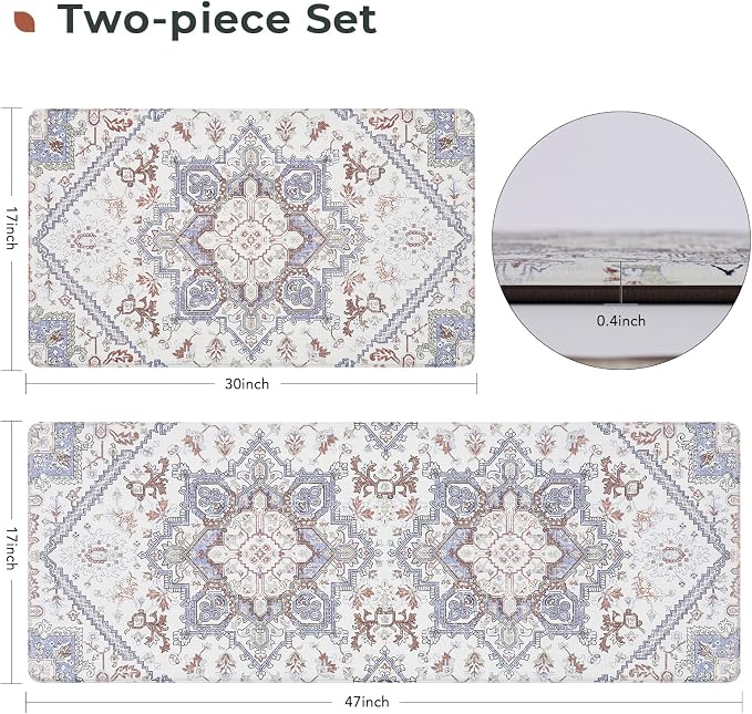 FRESHMINT Boho Kitchen Mat Set 2 Piece, 17x30''+17x47'', Gray | Anti-Fatigue, Non Slip, Comfort, Kitchen Decor, Easy to Clean, Waterproof, Perfect for Kitchen, Laundry, Office