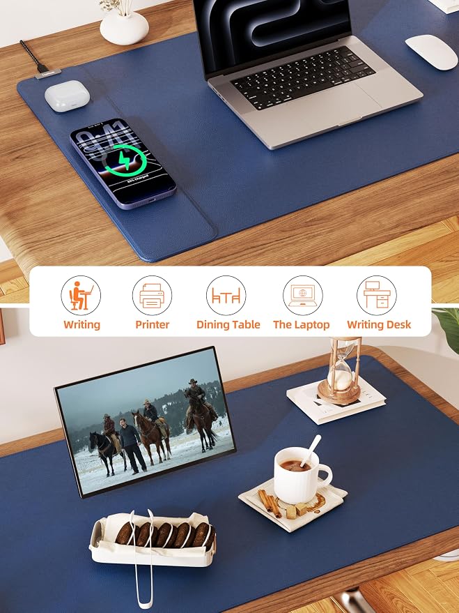 TopMade Mouse Pad with 15W Wireless Charging, XXL Large Leather Desk Mat, Waterproof Gaming Mousepad Home Office Desk Pad Protector, Blue (Includes 20W PD Power Adapter & 6.56ft Woven Cable)