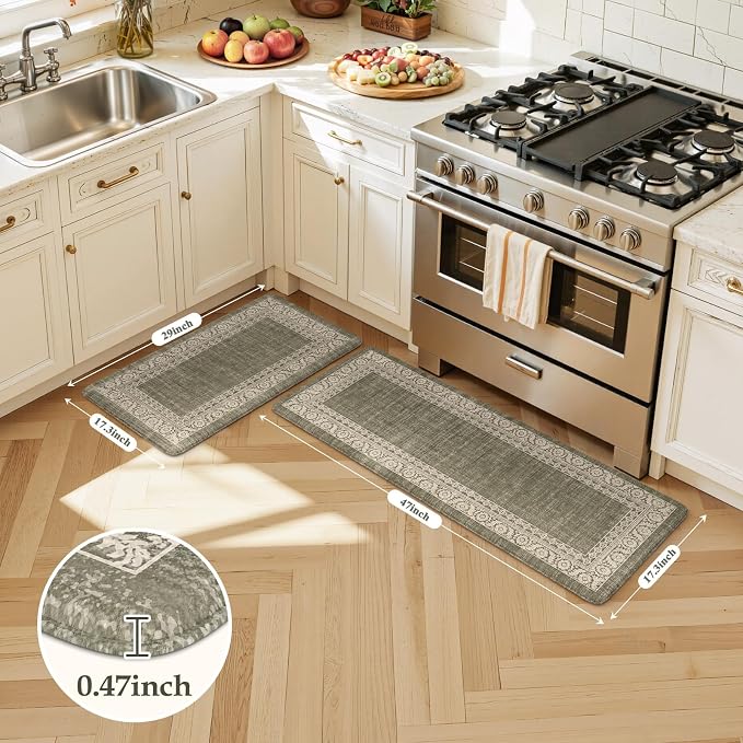 LEEVAN Anti Fatigue Kitchen Mats for Floor, Cushioned Kitchen Mat Set 2PCS | 17.3"x29"+17.3"x47", Boho Floral Green Kitchen Rugs Non-Slip, Waterproof Ergonomic Standing Mats for Laundry, Office & Sink