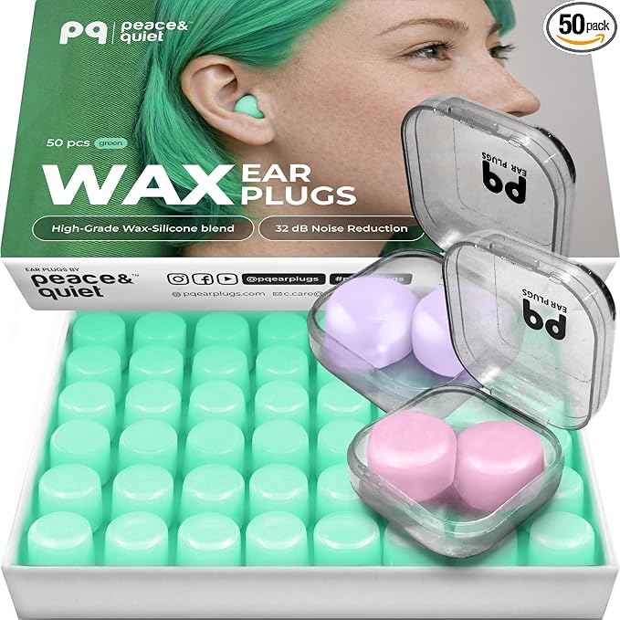 Peace&Quiet PQ Wax Ear Plugs for Sleeping, Swimming - 50 Soft Noise Cancelling Silicone Gel Wax Earplugs for Sleep and Swimmers, Ear Protection with Sound Blocking Level of 32 Db, Green