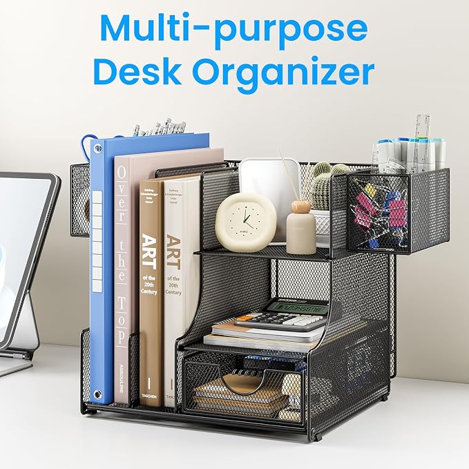 Lavatino Desk Organizer – 4-in-1 Black Mesh Office Supplies Organizer with Pen Holder, File Holder, Desktop Tray, and Drawer for Home, Office, Classroom