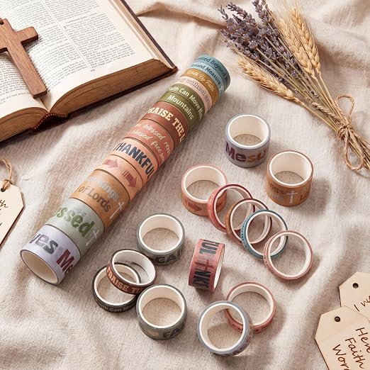 Christian Washi Tape Set 24 Rolls 12 Styles with 4 Widths (0.75cm/1cm/2cm/3cm) x 3cm Length Religious Scripture Decorative Tape for Scrapbooking Journaling Gift Wrapping Arts DIY Crafts