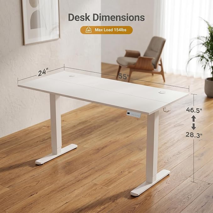 Claiks 55 x 24 Inch White Electric Standing Desk | Adjustable Height, Sit Stand, 3 Memory Presets, Cable Management, Spacious Ergonomic, Home Office & Bedroom