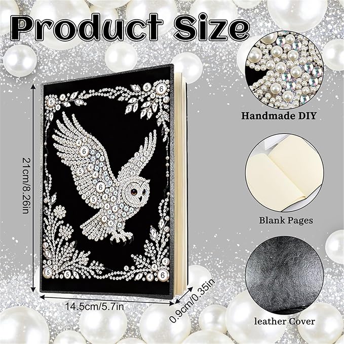 FRANDEK Pearl Painting Notebook Kit, Black and White Owl A5 DIY Journal with 50 Blank Pages, Diamond Gem Art Cover with Waterproof Canvas, Beginner Craft Set with Full Tools for Adults