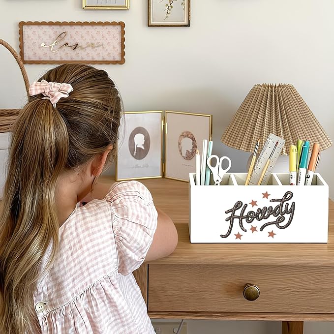 Western Pen Pencil Holder for Desk, Cowgirl Gifts, Cowboy Gifts for Women Men, Western Office Decor, Howdy Southwestern Wooden Box Sign Decorations for Home Office Desk Tabletop