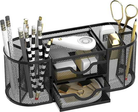 SUPEASY Mesh Desk Organizer, Desk Organizers and Accessories, Pen Holder with Drawers, Pencil Holder for Desk with 2 Drawer for Office Supplies, Black