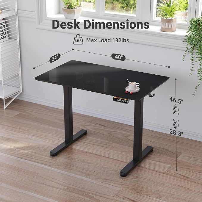 Claiks Glass Standing Desk, 40x24 Inch, Super Black | Adjustable Height, Tempered Glass Top, Stand Up, Quick Install, 3 Memory Presets