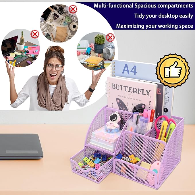 Boutilon Mesh Desk Organizer Desktop Office Supplies Stationary Organizer with 6 Compartments and 1 Drawer Multi-Functional Caddy Pen Holder for Home Office School Desk Decor(Pale Purple)