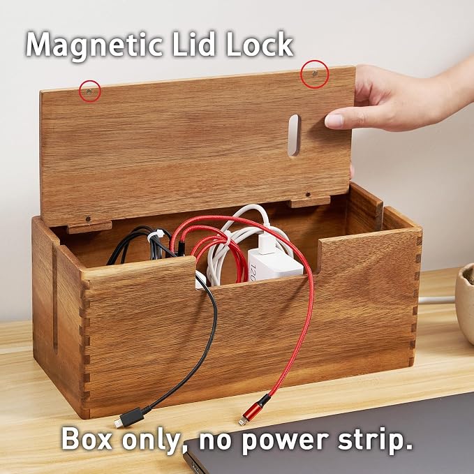 Acacia Wood Cable Management Box, Wooden Cord Hider & Organizer for Power Strip, Electrical Hiding, TV Wires, Desk & Floor Cables - Office Under Desk Cable Storage Box for Wire