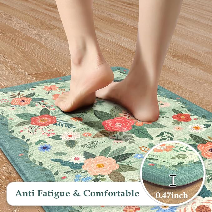 KIMODE Anti Fatigue Mats for Kitchen Floor Green Farmhouse Kitchen Rugs | 17"x47"+17"x29" Kitchen Rugs Sets of 2 Cushioned Kitchen Floor Mats Non Skid,Memory Foam Mats for Laundry Office Sink Desk