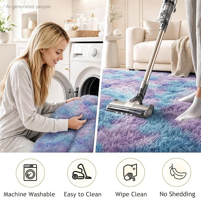 Ophanie Rainbow Purple Mermaid Rugs for Living Room 6x9,Kids Fluffy Shag Fuzzy Plush Soft Carpets,Floor Shaggy Area Rugs for Bedroom,Carpet for Kids Girls Dorm Decor with Over 99 pcs Pile fibers