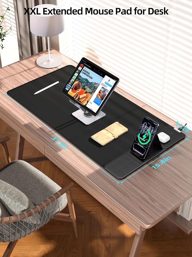 Mouse Pad with Magnetic Wireless Charger & Adjustable Phone Stand | 31.5"x15.8" Full Desk Coverage Mousepad, Waterproof Ultra-Smooth Desk Mat, Non-Slip Base, Black