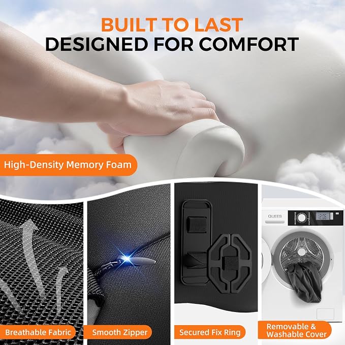 BEBAS Ergonomic Lumbar Support Pillow for Car, Memory Foam Back Support for Lower Back Pain Relief, Comfort Lumbar Cushion for Driving, Fixed Ring Lumbar Pillow for Car Seat, Office Chair -Black