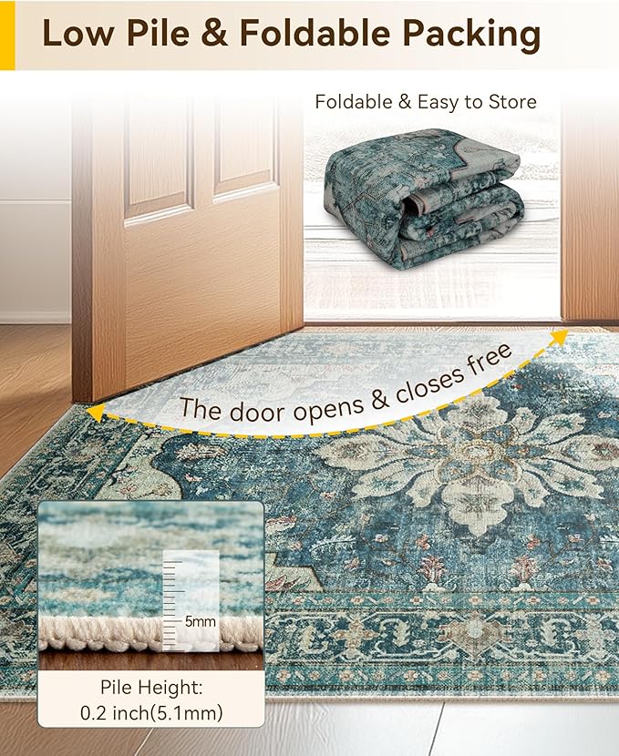 RELEANY Area Rugs Runner 2'x6' Washable Non-Slip, Floral Vintage Distress Medallion Carpet for Kitchen Hallway Bedroom Beside Laundry Room Bathroom, Dark Blue Vintage