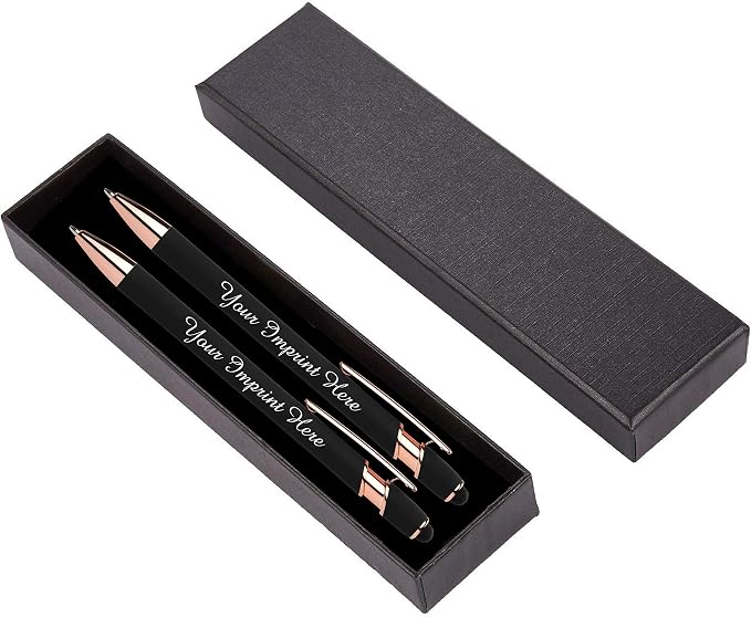 ExpressDesigns™ - Personalized Pens Gift Set - 2 Pack of Rose Gold Soft Touch Metal Pens w/gift box - Luxury Ballpoint Pen Custom Engraved with Name | Perfect for Him or Her (Black - Black)