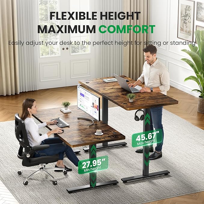 Electric Standing Desk Adjustable - 63x30 Inch Sit Stand Desk with 1 Inch Thick Tabletop, Double Beam Frame, 3 Memory Height Adjustment, Cable Management for Home Office