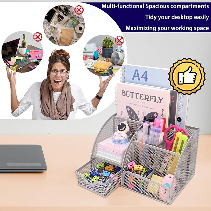 Boutilon Mesh Desk Organizer Desktop Office Supplies Stationary Organizer with 6 Compartments and 1 Drawer Multi-Functional Caddy Pen Holder for Home Office School Desk Decor(Silver)