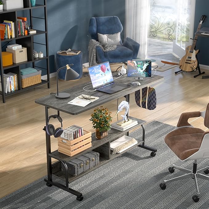 Armocity Rolling Standing Desk with Charging Station, Portable Height Adjustable Mobile Computer Desk with Wheels & 2-Tier Shelves & Hooks, Easy Assembly Laptop Table for Couch Bed, 47" Grey Oak