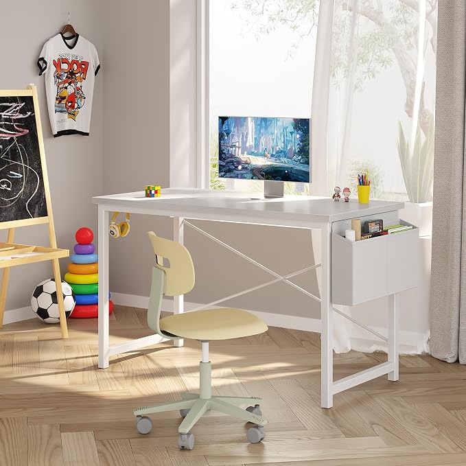 OLIXIS Computer Desk, 47 Inch Home Office Desks for Small Spaces, Writing Craft Study Gaming Table for Bedroom, Modern Computer Workstation with Storage Bag and Headphone Hook, White