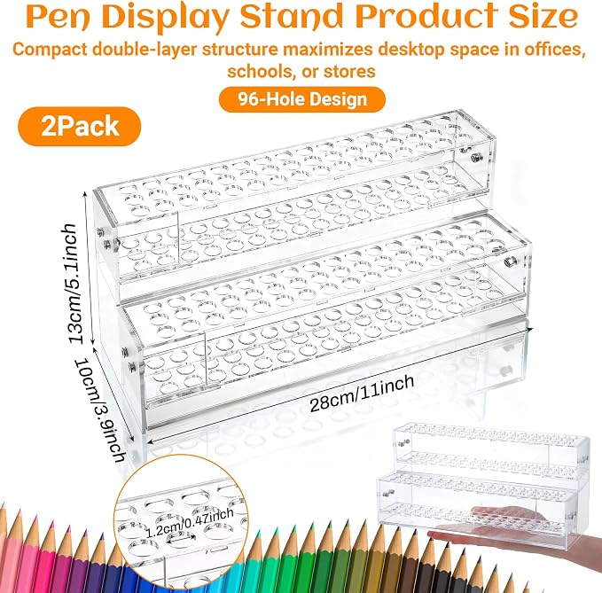 2 Pcs 2-Tier Clear Acrylic Pen Holder with 96 Slots - Multi-Hole Acrylic Pen Display Stand for Organization, Perfect Makeup Brush Holder & Art Brush Rack Organizer for Office Desk, Craft Shows