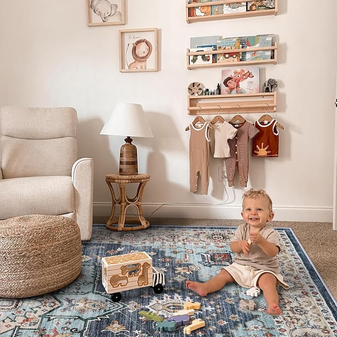 Washable Oriental Hallway Runner Rug - 3x20 Rugs for Living Room Soft Carpet for Bedroom Kitchen Waterproof Floral Distressed Indoor Stain Resistant Non-Shedding Floor Carpets (Blue/Teal/Orange, 3X20)