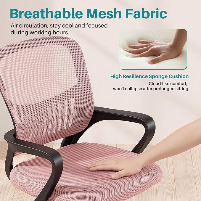OLIXIS Ergonomic Office Desk Chair, Executive Mid-Back Computer Chair with Comfortable Lumbar Support & Rocking Mode, Height Adjustable with Fixed Armrest, 360° Swivel, for Adults, Pink