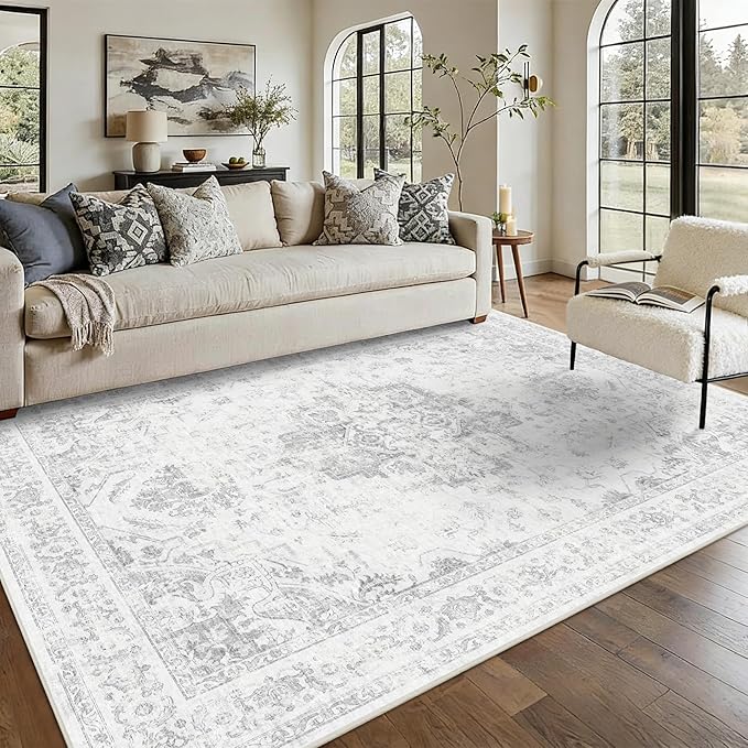 6x9 Vintage Washable Area Rugs Boho Medallion Large Distressed Retro Accent Carpet Floral Non-Slip Soft Low Pile Indoor Throw Rug for Living Room Bedroom Dining Room Office Kitchen, Gray