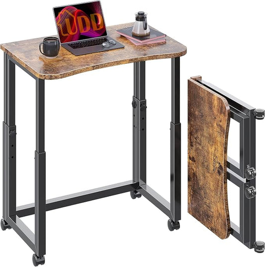 UDD No Tools Assembly Folding Desk, 23.6" Mobile Computer Desks with Wheels, Foldable Writing Fold Table, Portable Collapsible Work Craft Tables for Small Space Home Office Bedroom, Rustic Brown Black