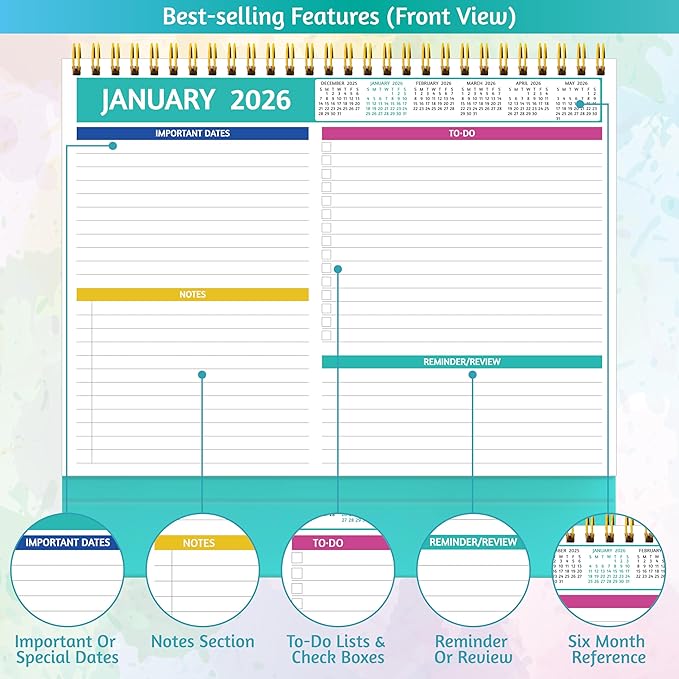 Desk Calendar 2026 - Standing Flip Desktop Calendar 2026, 12 Months Jan 2026 - Dec 2026, 11" x 8.5", Large with Notes, To-Do, Yearly Overview, Thick Paper, Great for Easy Planning - Multicolor