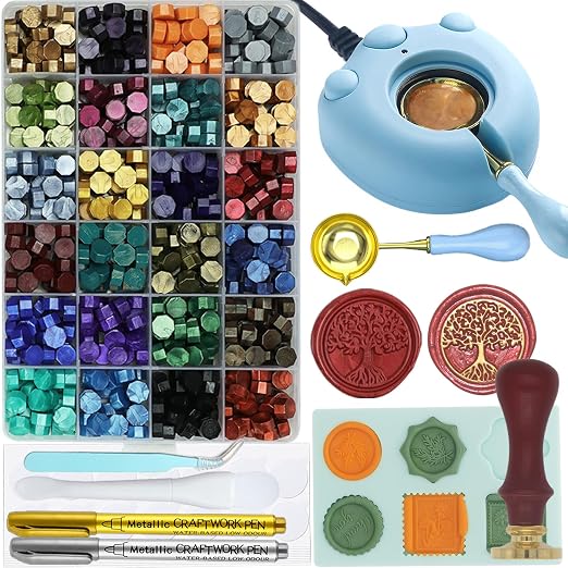 Wax Seal Kit With 24 Colors Envelope Stamp Seals Beads 600pcs, Tree of Life Sealing Stamp, Electric Wax Seal Warmer Set, Silicone Mold, Metallic Pen, 120 Removable Sticky Dots, Spoon Cleaner