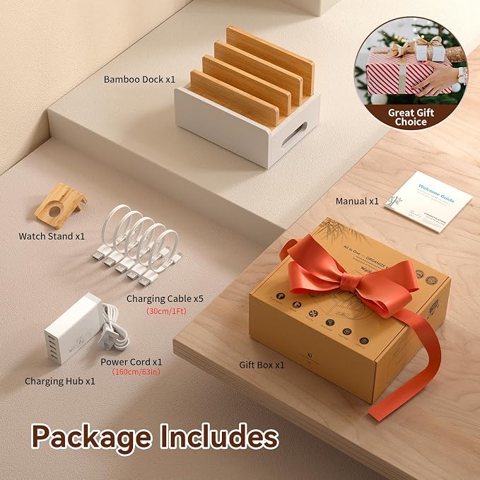 Pezin & Hulin Bamboo Charging Station with USB Charger&Cables-Natural+White | Desk Docking Station Smart Watch&Earbuds Stand for Multiple Devices Electronic Organizer for Cell Phone, Tablet