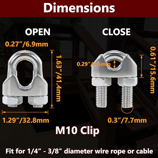 6PCS 3/8 Inches M10 Stainless Steel Wire Rope Clips Cable Clamps | Corrosion resistant,antirust,easy to install,suitable for 1/4" - 3/8" diameter wire rope or cable