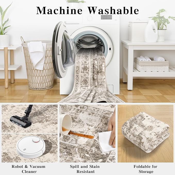 2.6x8 Taupe Vintage Runner Rug Hallway Washable Area Rugs Non Slip Boho Medallion Long Rug Distressed Retro Carpet Floral Soft Low Pile Indoor Throw Rug for Kitchen Bedroom Bathroom Dining Room Office