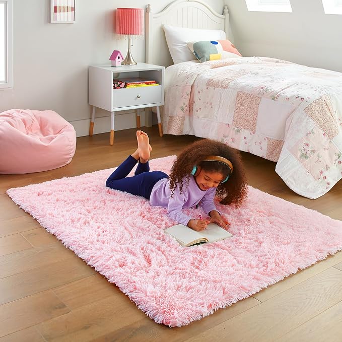 Ophanie 3x5 Pink Rug, Bedside Preppy Dorm Area Rug, College Essentials Non Slip Small Carpets for Bedroom, Anti Slip Fluffy Living Room Rugs Home Decor Aesthetic, Nursery with Over 99 pcs Pile fibers