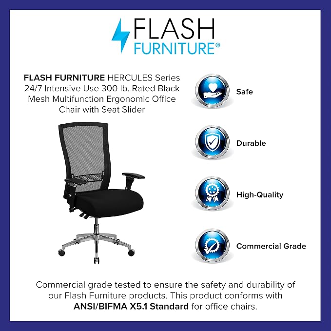 Flash Furniture HERCULES Series 24/7 Intensive Use 300 lb. Rated Black Mesh Multifunction Ergonomic Office Chair with Seat Slider