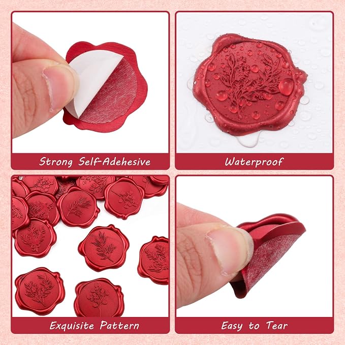 60Pcs Wax Seal Stickers, Wedding Invitation Envelope Seal Stickers Adhesive Backed Red Rose for Wedding,Birthday Party,Gift Wrapping (4 Leaf Styles)