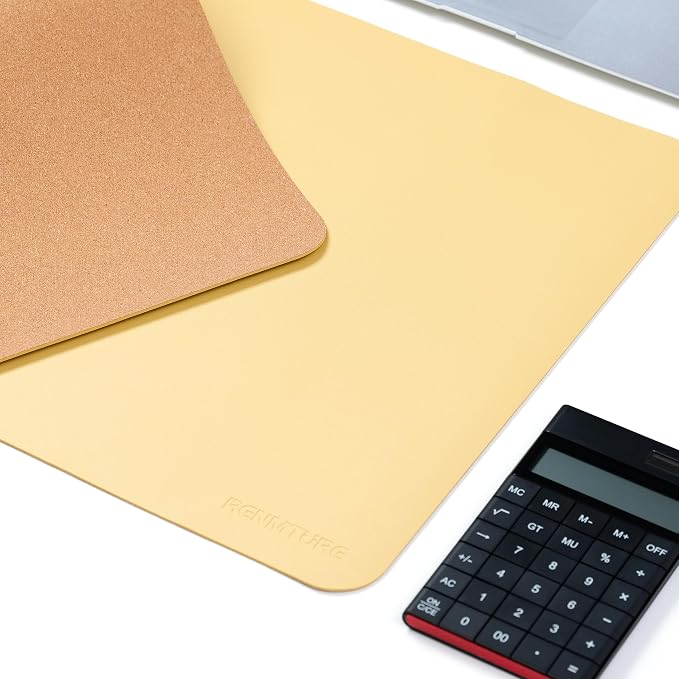 RENMTURE Desk Pad, Cork & PU Leather Desk Mat, Large Mouse pad, Non-Slip Desk Protector and Blotter, Waterproof Writing Pad, Desk Accessories and Organizers for Work (Light Yellow, 23.6" x 13.7")