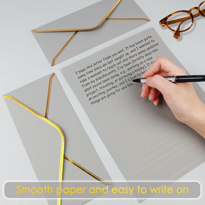 J6&H6 Gold Thread Stationary Paper and Envelopes Set Including 12 Standard Sized Phnom Penh Envelopes and 24 Sheets of Lined Paper Suitable for Daily Emotional Expression Formal Communication(grey)