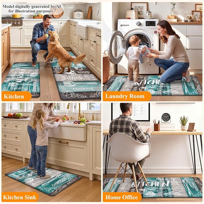 HEBE Anti Fatigue Kitchen Rugs Set of 2, Cushioned Kitchen Mats for Floor | Non Slip Farmhouse Kitchen Rug and Runner Set, Waterproof Comfort Kitchen Floor Mat Carpet for Sink, Standing Desk, Laundry