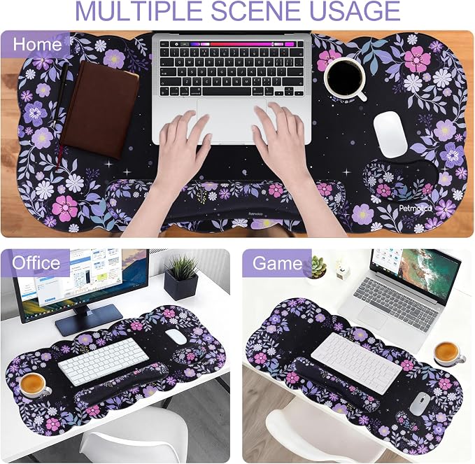 Petmolico Desk Pad Set with Wrist Rest for Keyboard & Mouse, Purple Floral | Anti-slip PU base, durable Lycra & memory foam, relieves wrist fatigue, perfect for work, home & daily use