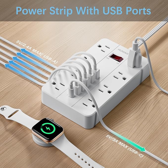 Extension Cord Power Strip 15 Ft, HUNIAN Flat Plug with 8 Widely Spaced Outlets 6 USB (1 USB C Port), Wall Mount Charging Station for Home and Office