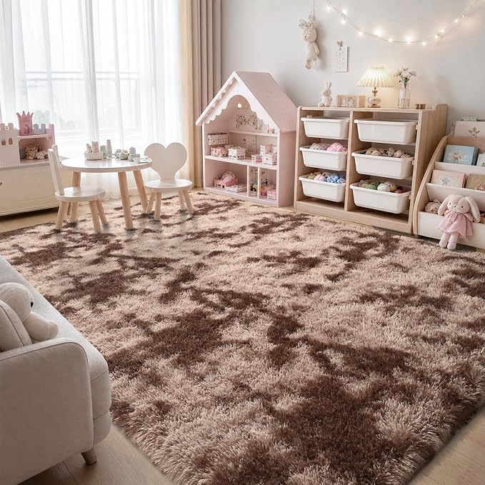 Zentavio Area Rugs for Living Room Large Rugs for Bedroom 8x10 Soft Carpet Fluffy Furry Shag Aesthetic Plush High Pile Gray Throw Rug for Nursery Kids Room Dorm Tie-Dyed Coffee