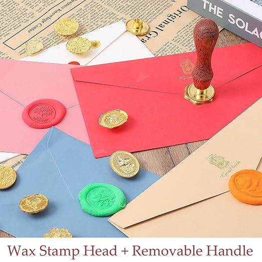 Bewudy Wax Seal Stamp Set, 12 Pcs Wax Stamp Heads with Wooden Handle, Sealing Waxs Stamps Kit for Party Wedding Invitation Cards Envelopes Gift Wrapping Letter