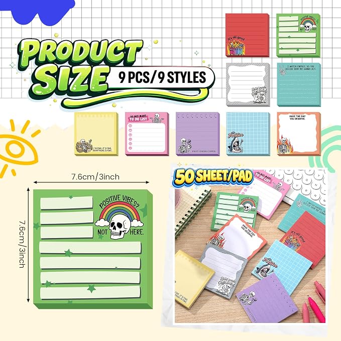 9 Pads Gothic Skeleton Sticky Notes 3x3 Inch Cute Self Stick Notepads Notes Adhesive Memo Pad Office Decor Gifts for Students School Teacher Meeting Office Supplies