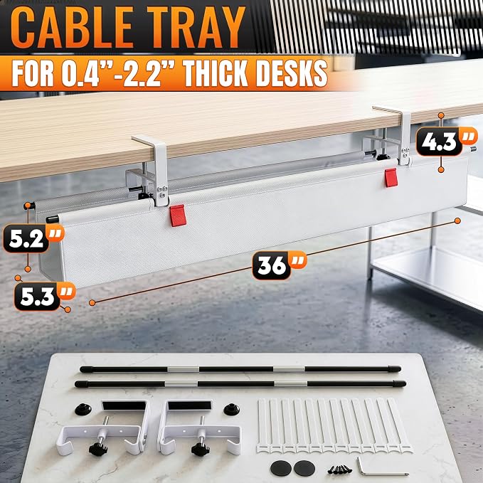 Under Desk Cable Management Tray 36" — No Drill Clamp-On Cord Organizer for Desk with Built-in Ties, Heavy Duty Metal Clamp, Foldable 600D Oxford Fabric for Home Office, WFH & Gaming PC Setup (White)